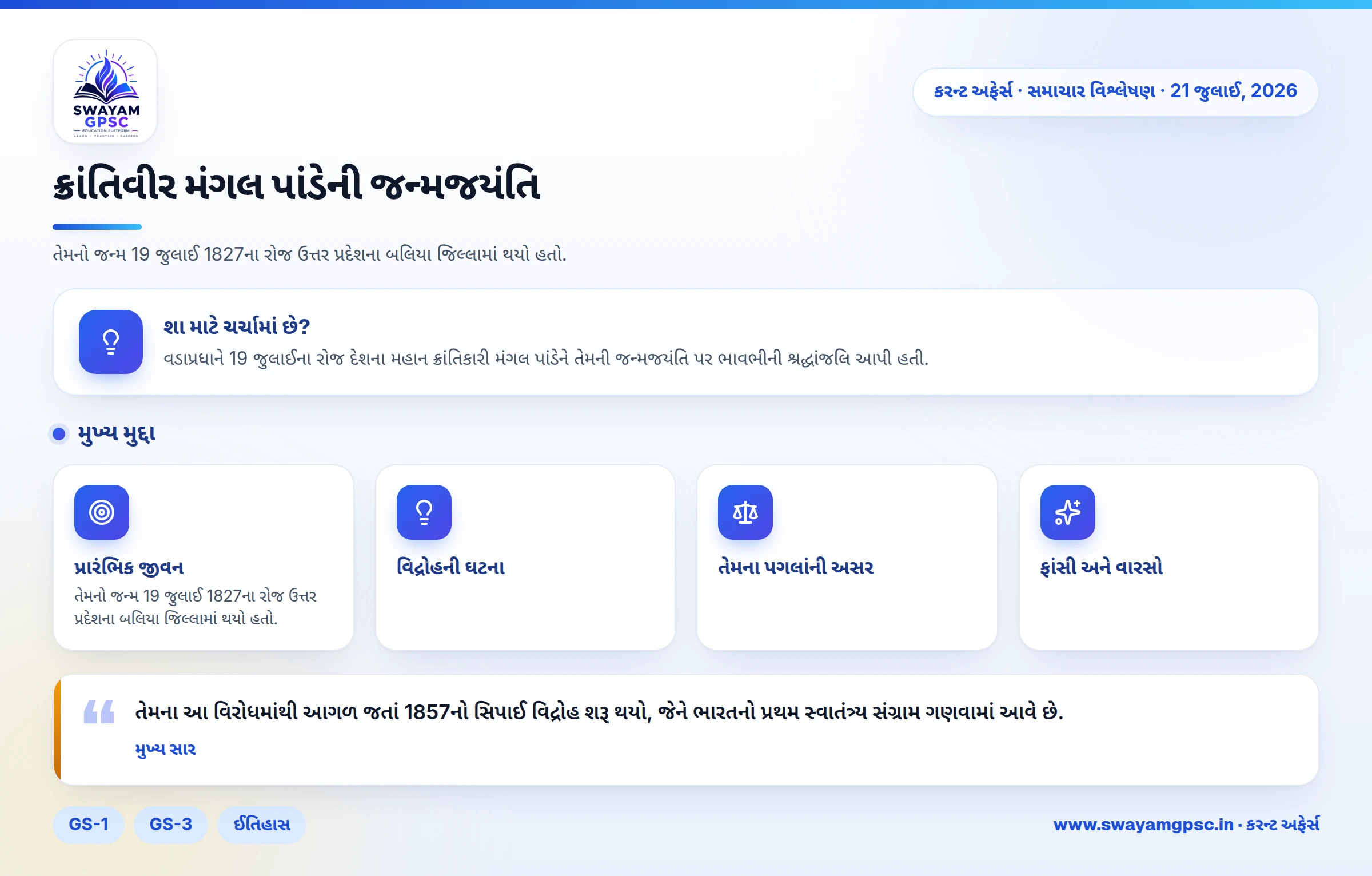 ક્રાંતિવીર મંગલ પાંડેની જન્મજયંતિ