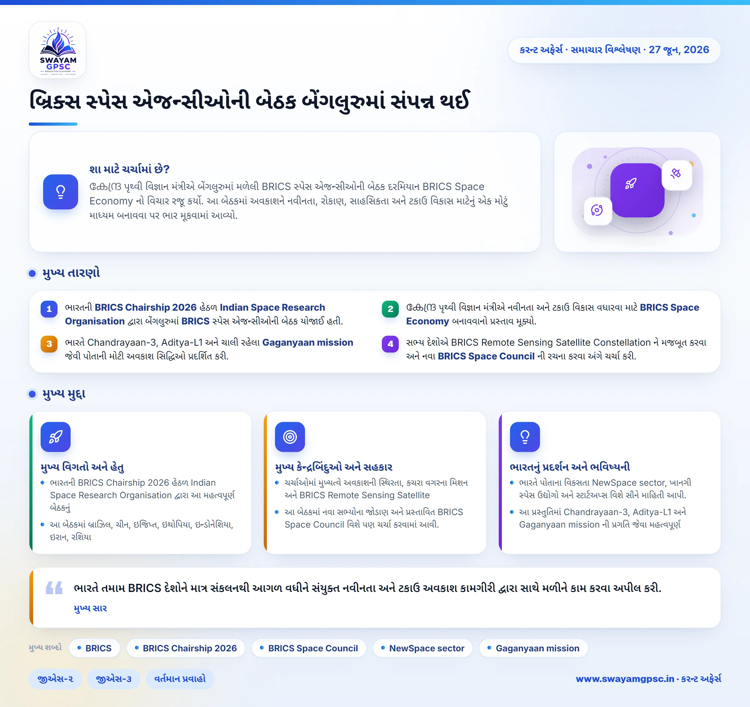 બ્રિક્સ સ્પેસ એજન્સીઓની બેઠક બેંગલુરુમાં સંપન્ન થઈ