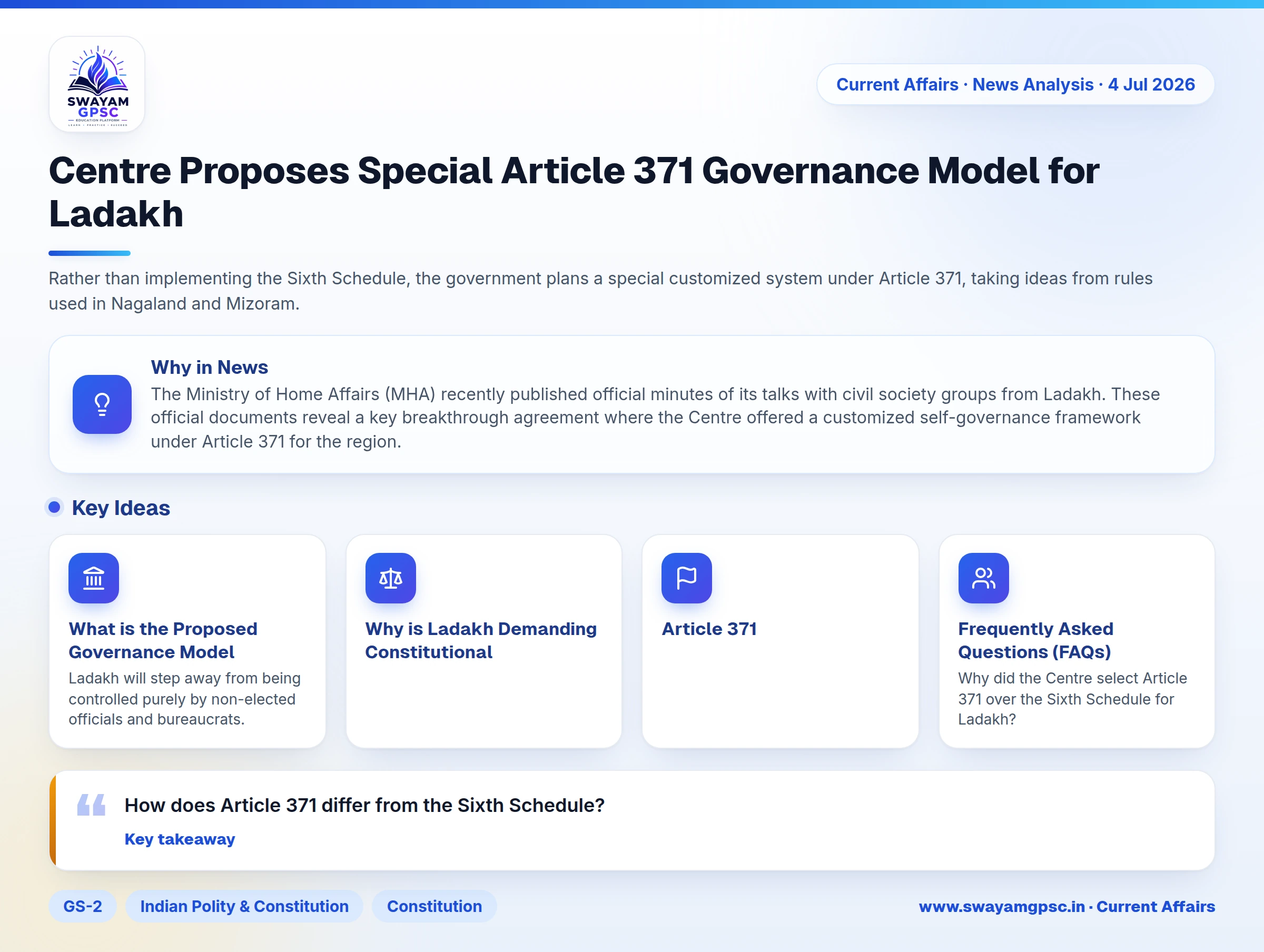Centre Proposes Special Article 371 Governance Model for Ladakh