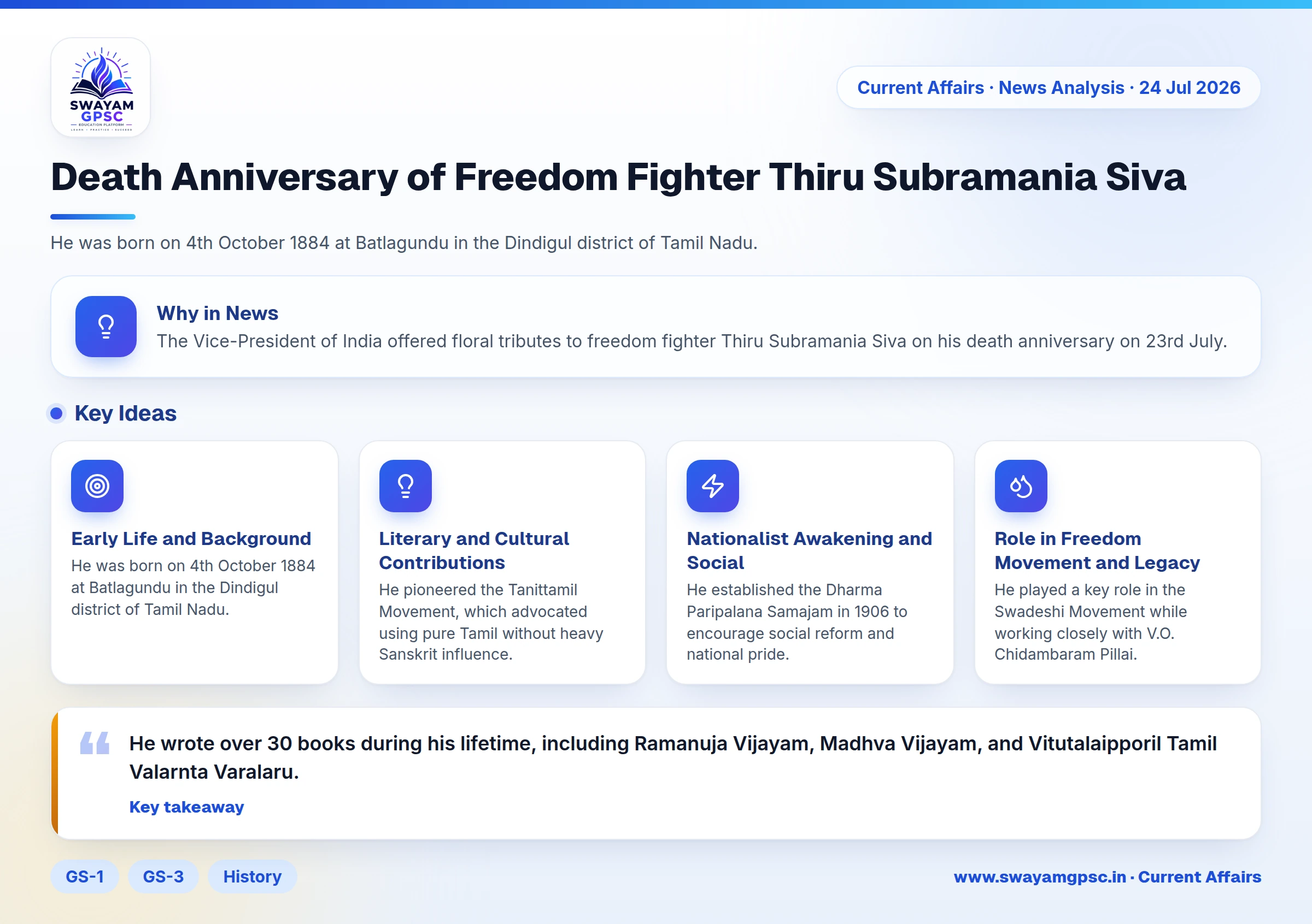 Death Anniversary of Freedom Fighter Thiru Subramania Siva