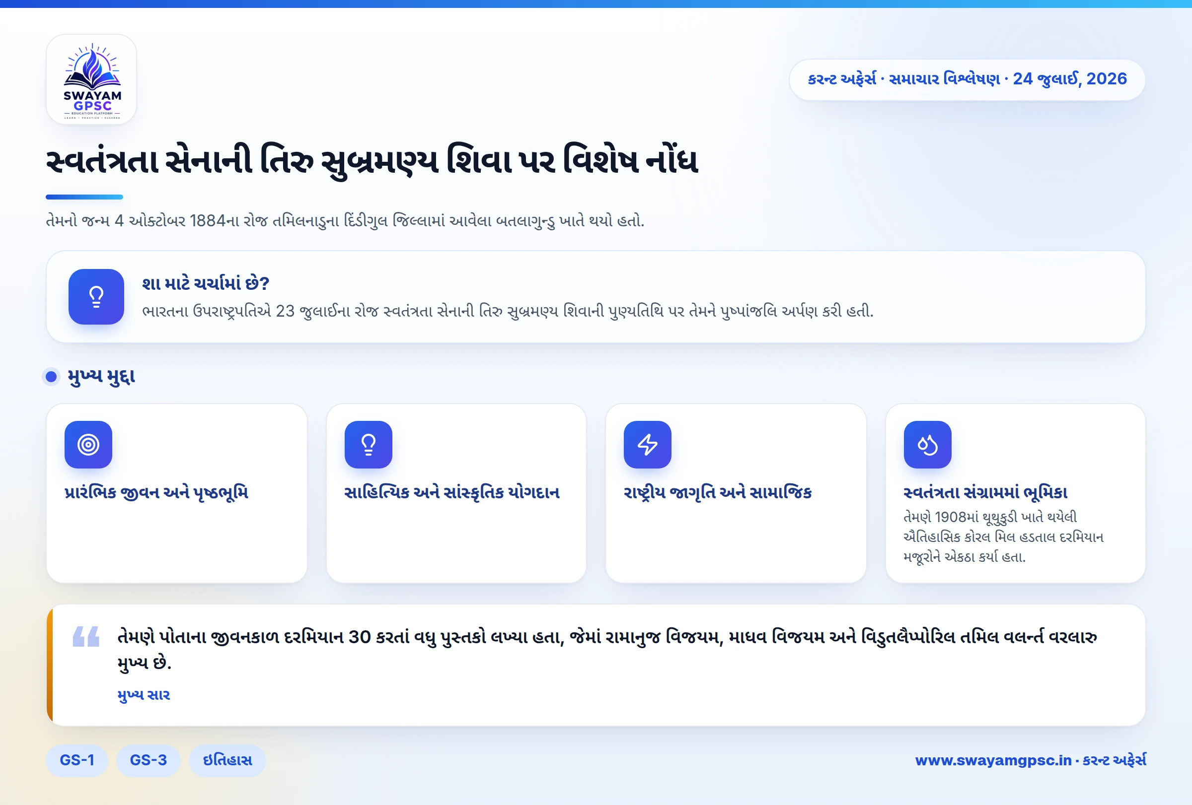 સ્વતંત્રતા સેનાની તિરુ સુબ્રમણ્ય શિવા પર વિશેષ નોંધ
