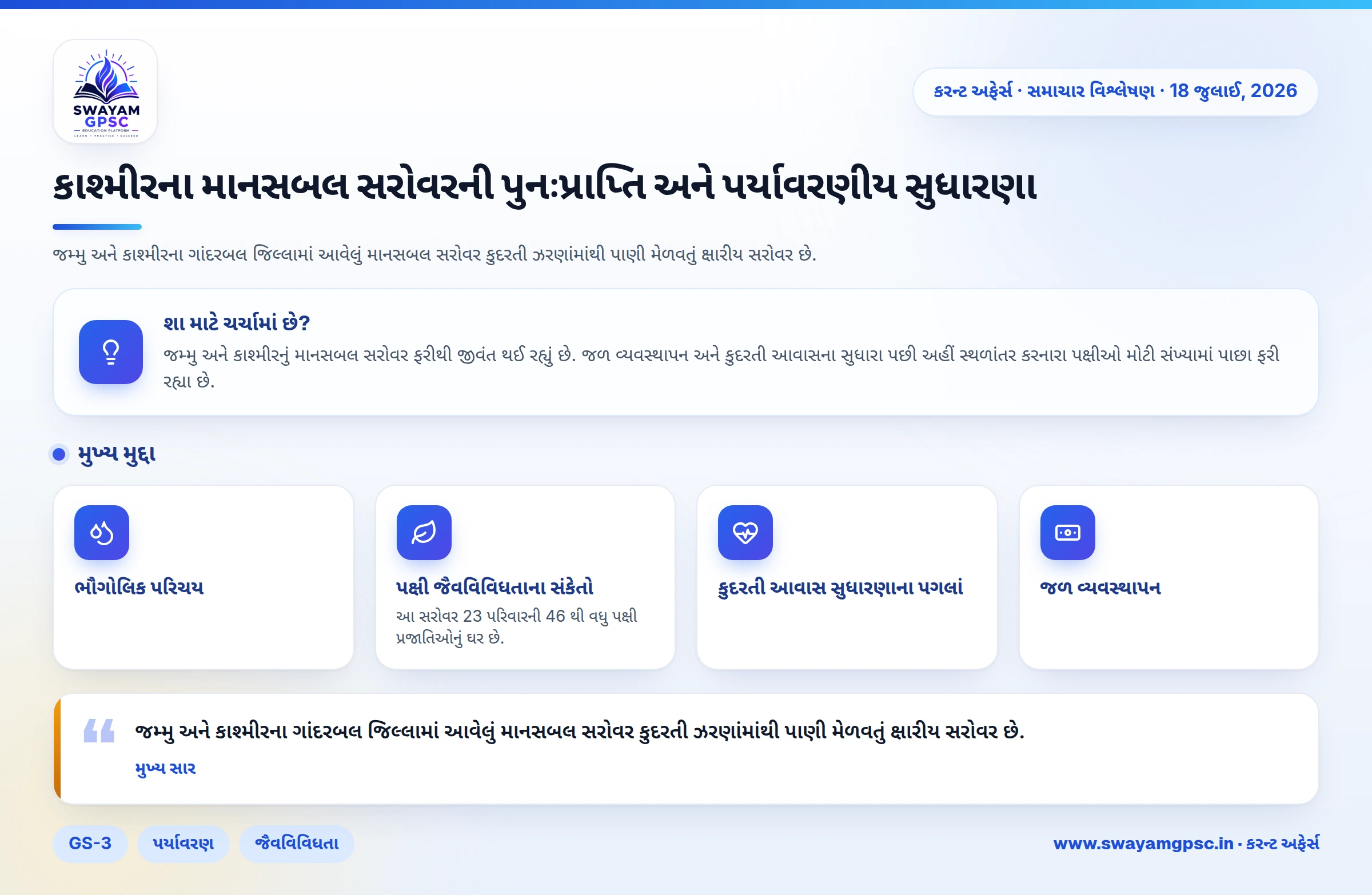કાશ્મીરના માનસબલ સરોવરની પુનઃપ્રાપ્તિ અને પર્યાવરણીય સુધારણા