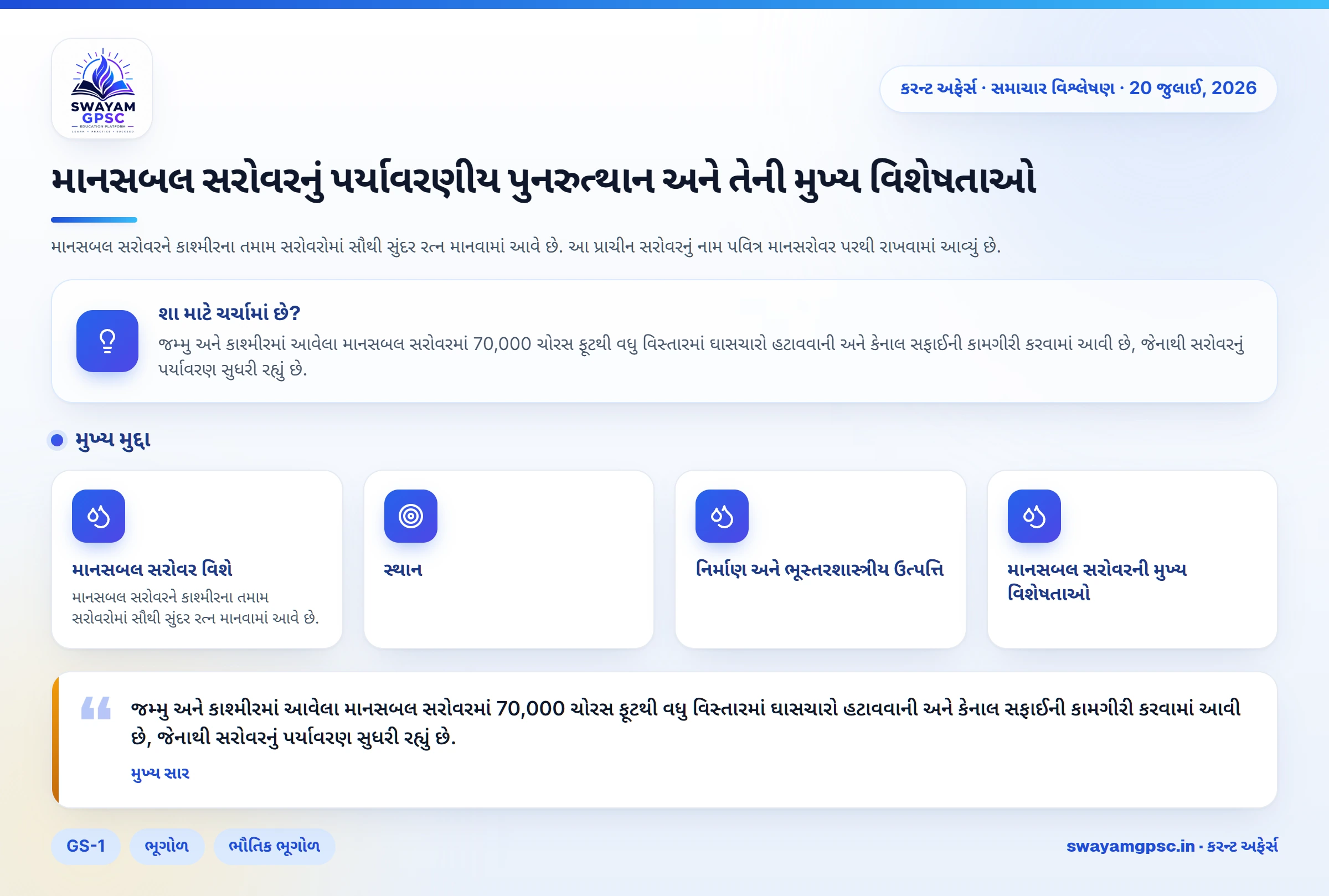 માનસબલ સરોવરનું પર્યાવરણીય પુનરુત્થાન અને તેની મુખ્ય વિશેષતાઓ