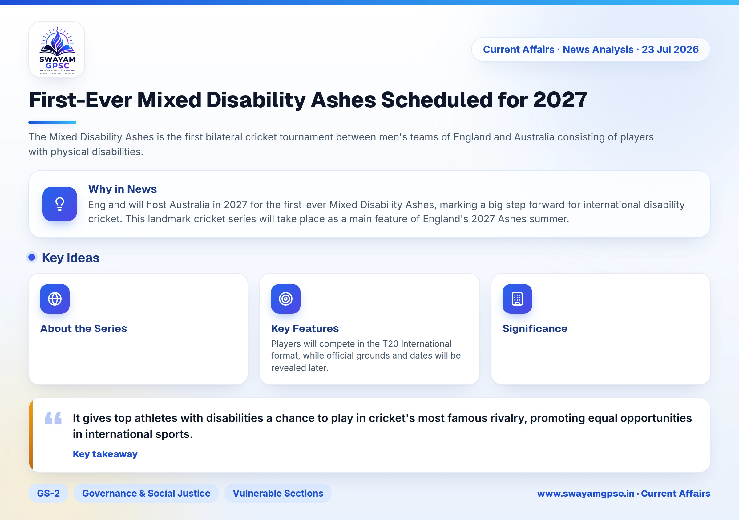 First-Ever Mixed Disability Ashes Scheduled for 2027