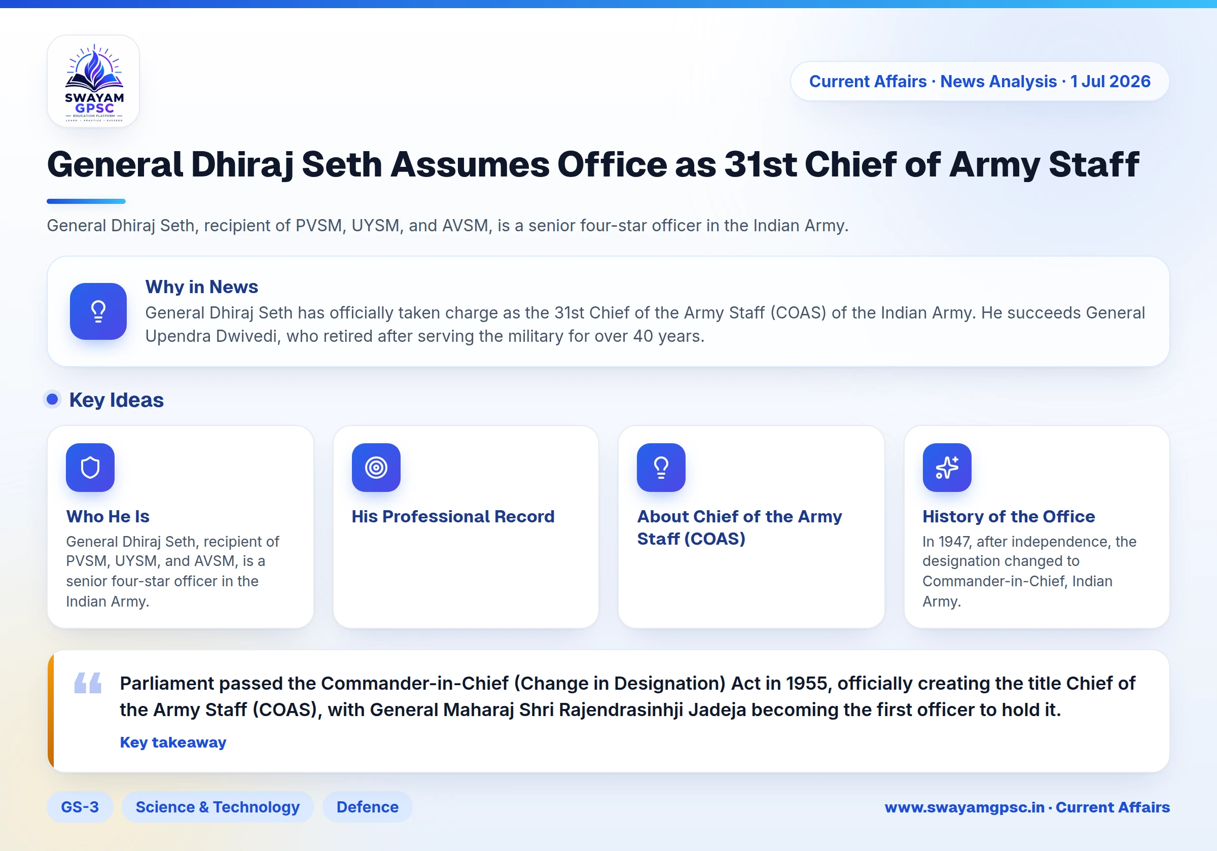 General Dhiraj Seth Assumes Office as 31st Chief of Army Staff