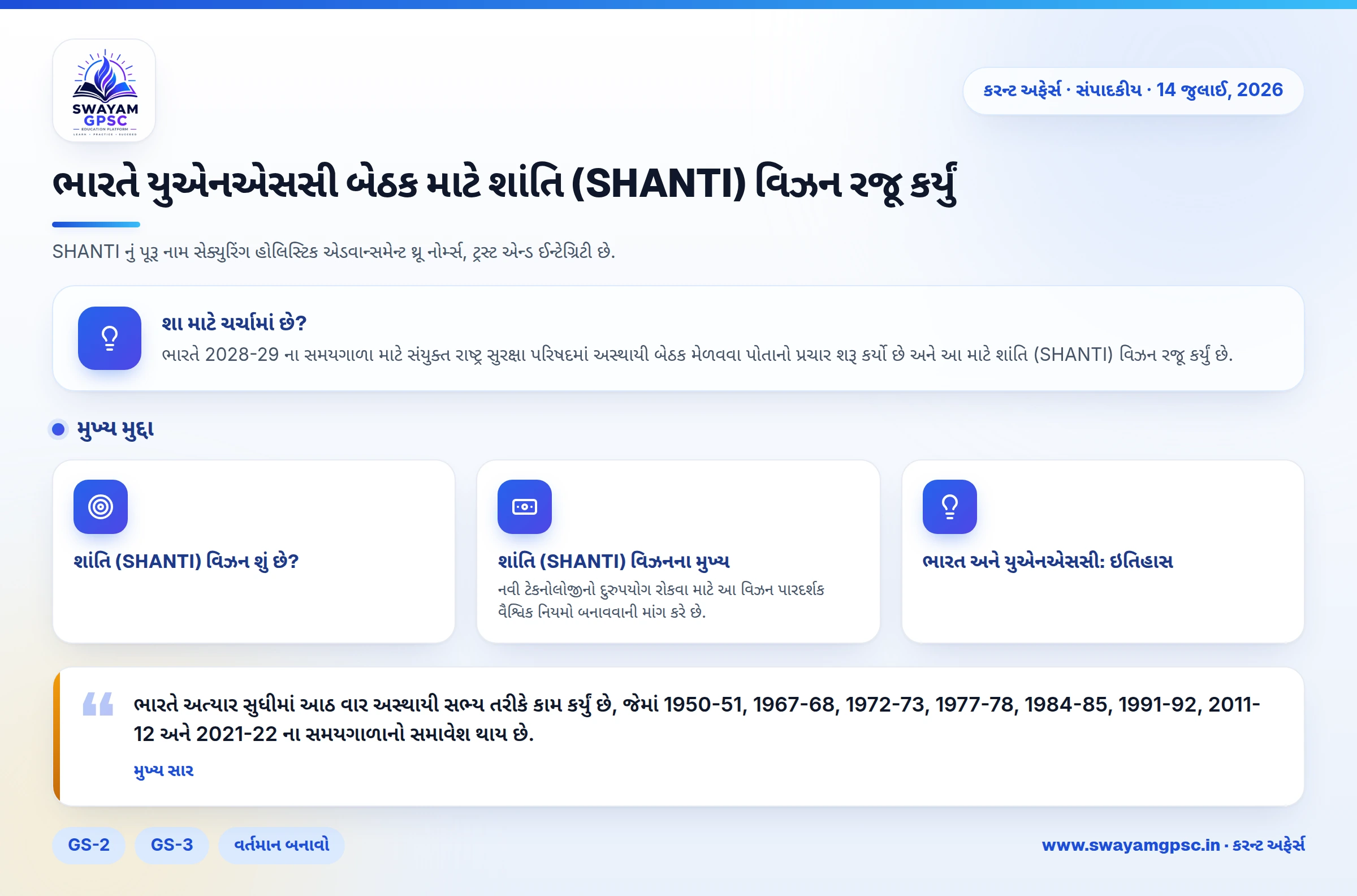 ભારતે યુએનએસસી બેઠક માટે શાંતિ (SHANTI) વિઝન રજૂ કર્યું