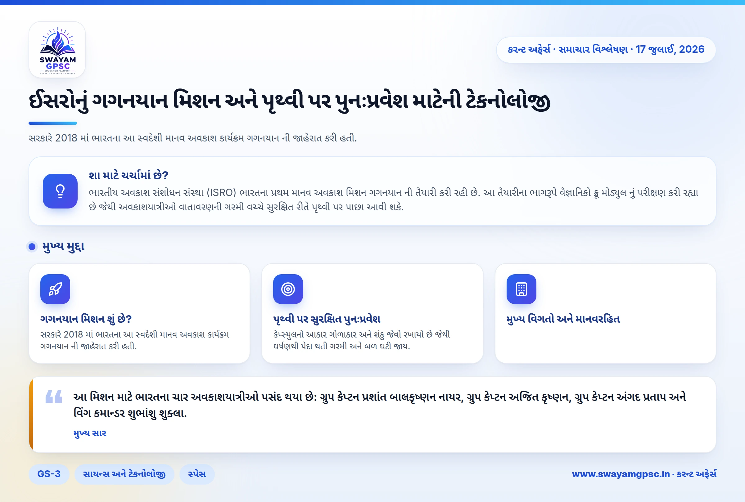 ઈસરોનું ગગનયાન મિશન અને પૃથ્વી પર પુનઃપ્રવેશ માટેની ટેકનોલોજી