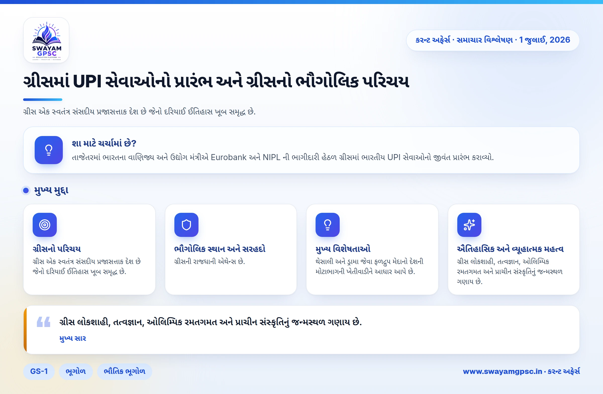 ગ્રીસમાં UPI સેવાઓનો પ્રારંભ અને ગ્રીસનો ભૌગોલિક પરિચય