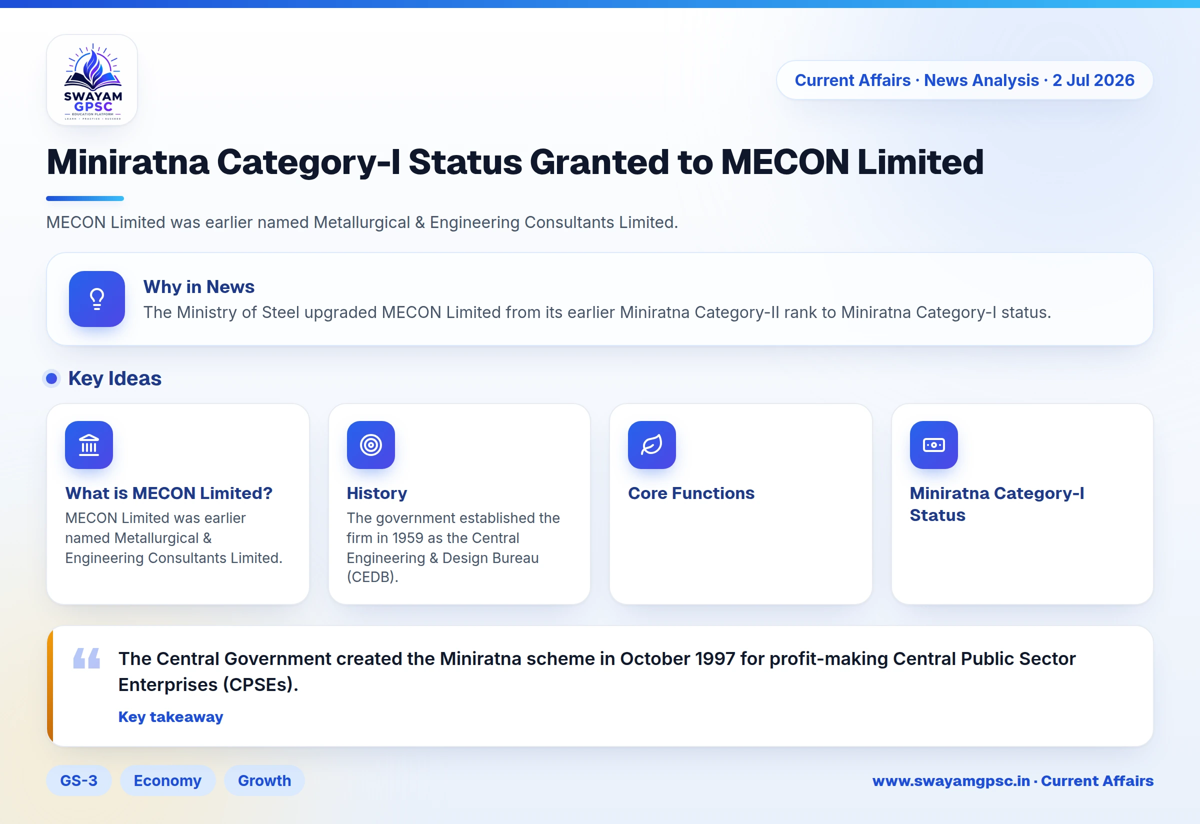 Miniratna Category-I Status Granted to MECON Limited