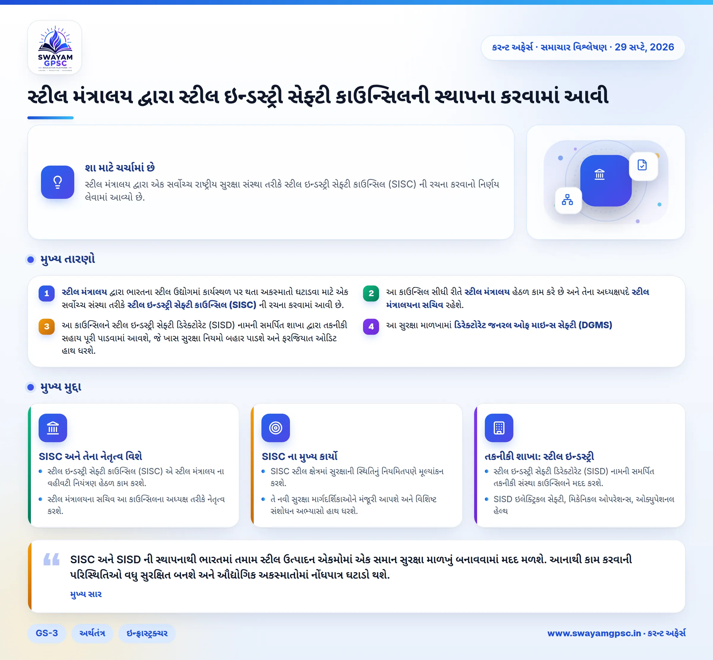 સ્ટીલ મંત્રાલય દ્વારા સ્ટીલ ઇન્ડસ્ટ્રી સેફ્ટી કાઉન્સિલની સ્થાપના કરવામાં આવી