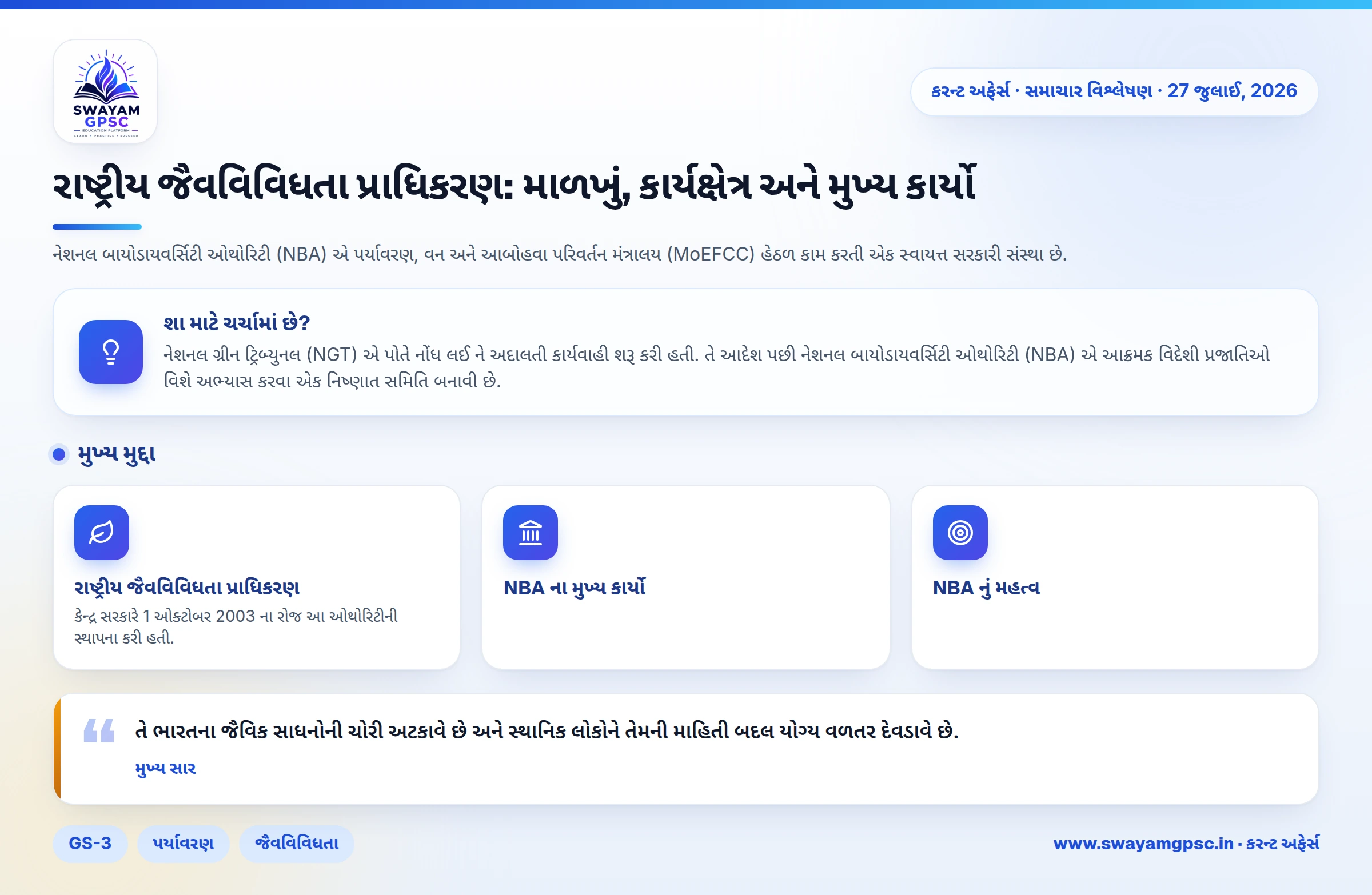 રાષ્ટ્રીય જૈવવિવિધતા પ્રાધિકરણ: માળખું, કાર્યક્ષેત્ર અને મુખ્ય કાર્યો
