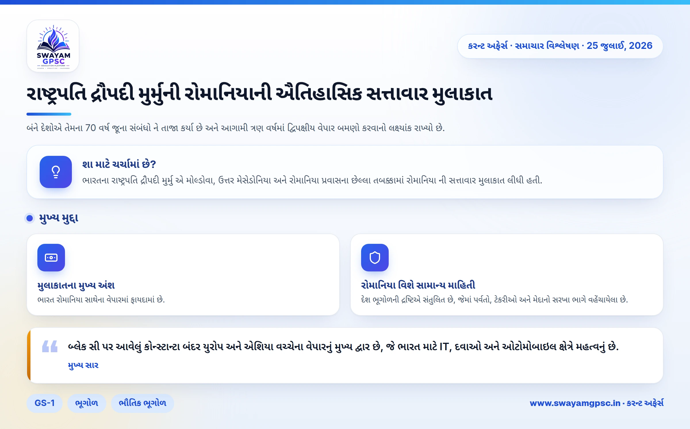 રાષ્ટ્રપતિ દ્રૌપદી મુર્મુની રોમાનિયાની ઐતિહાસિક સત્તાવાર મુલાકાત