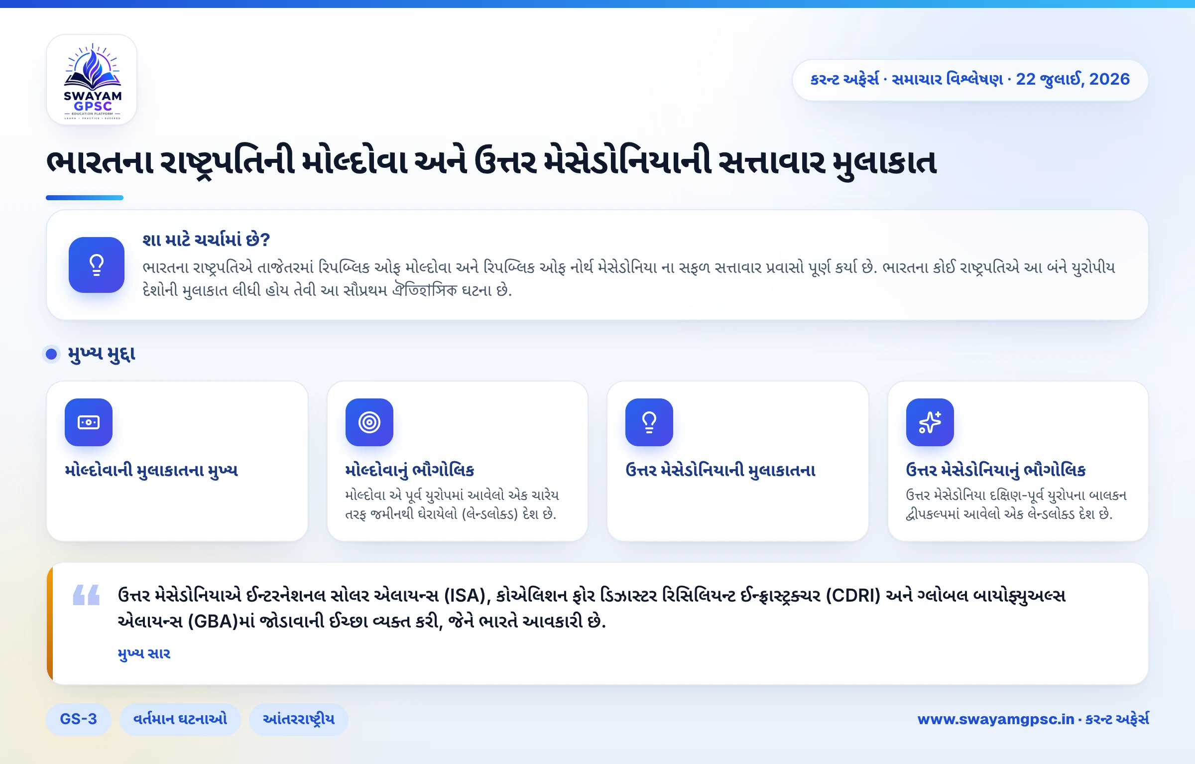 ભારતના રાષ્ટ્રપતિની મોલ્દોવા અને ઉત્તર મેસેડોનિયાની સત્તાવાર મુલાકાત