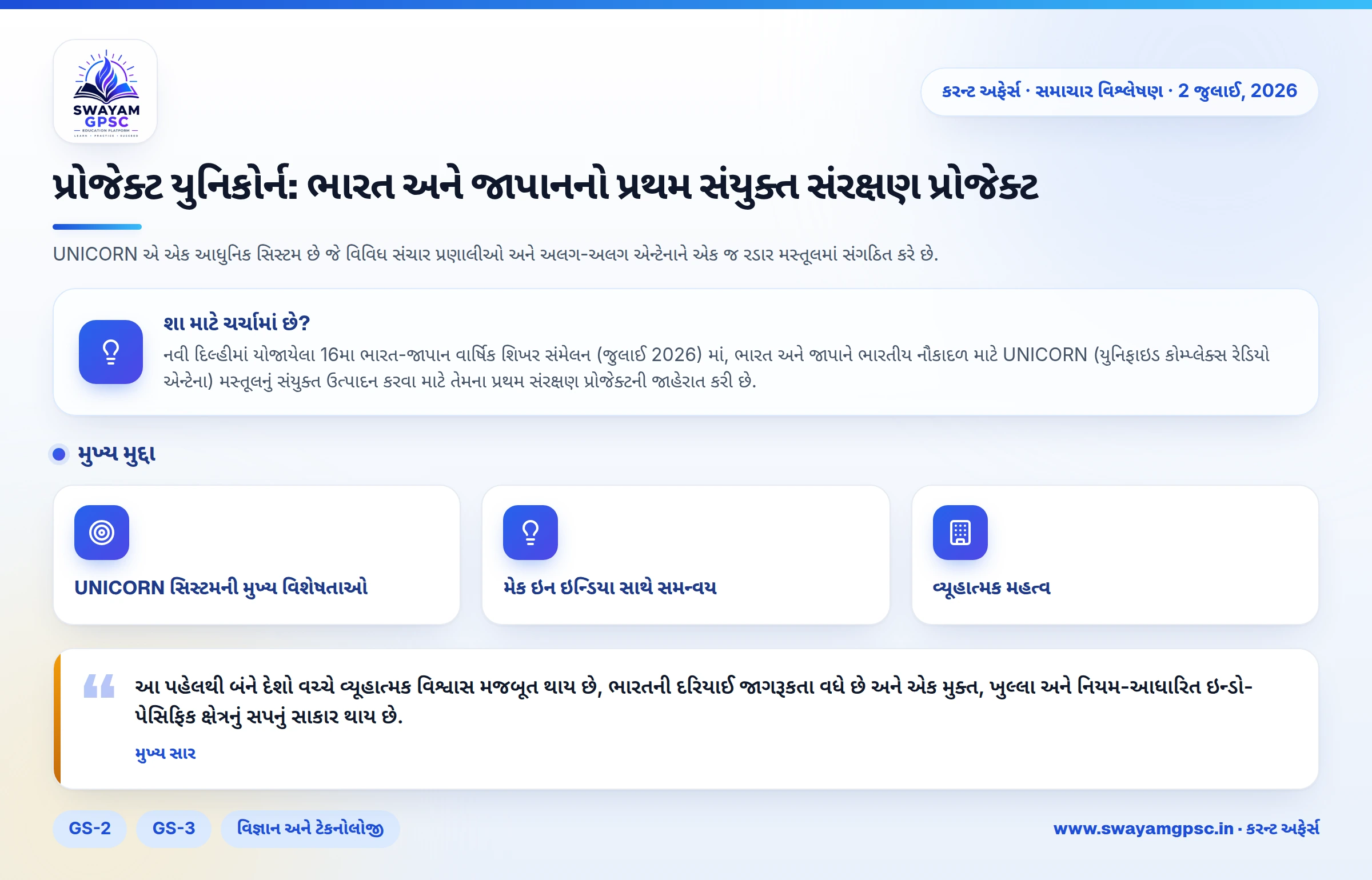 પ્રોજેક્ટ યુનિકોર્ન: ભારત અને જાપાનનો પ્રથમ સંયુક્ત સંરક્ષણ પ્રોજેક્ટ