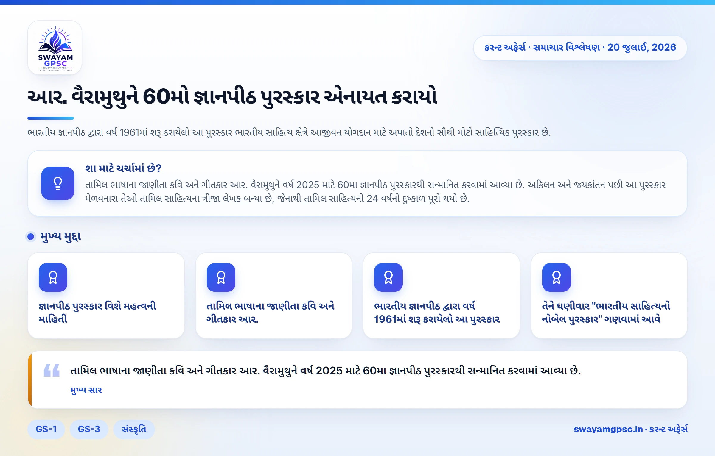 આર. વૈરામુથુને 60મો જ્ઞાનપીઠ પુરસ્કાર એનાયત કરાયો