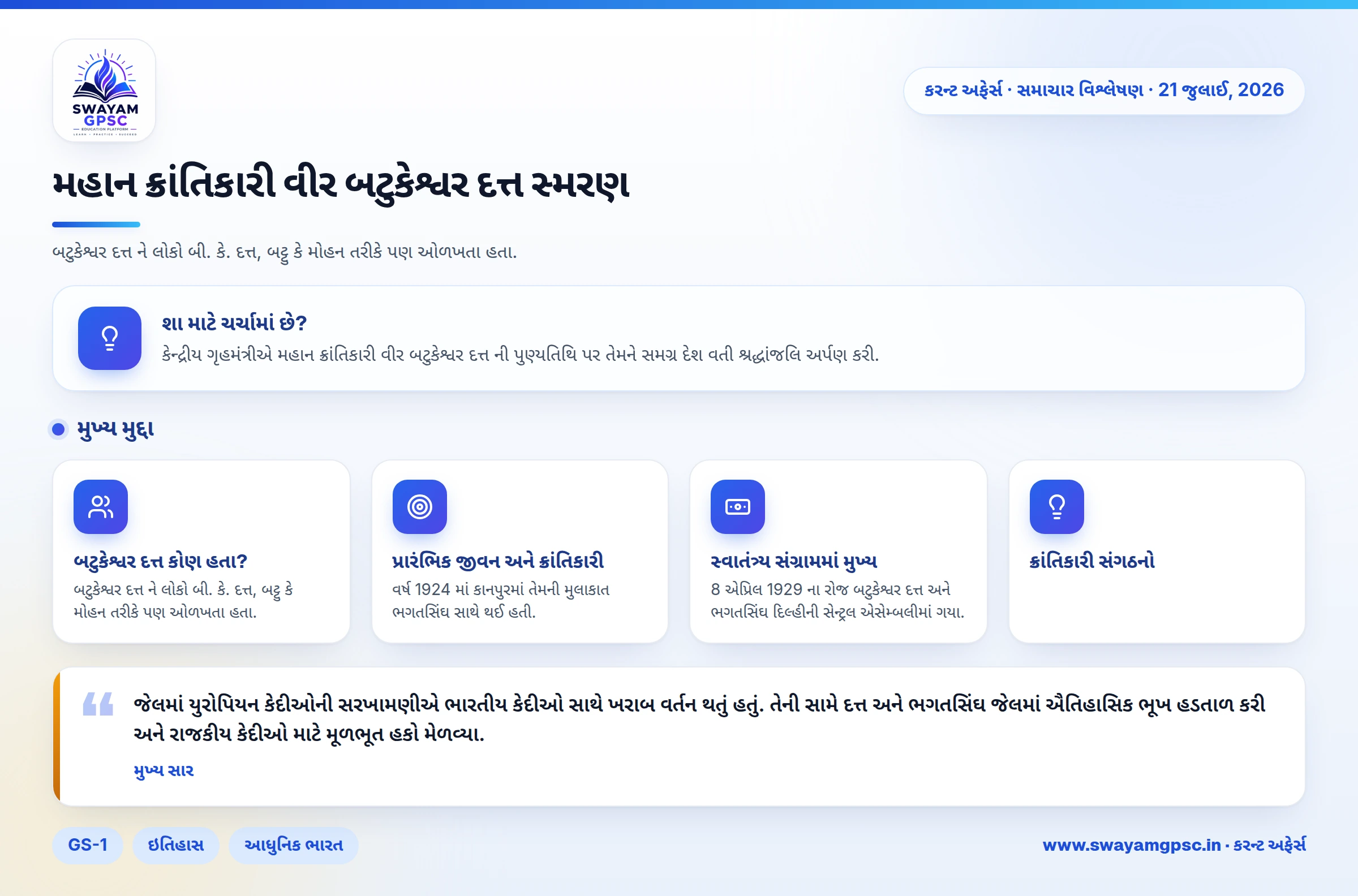 મહાન ક્રાંતિકારી વીર બટુકેશ્વર દત્ત સ્મરણ