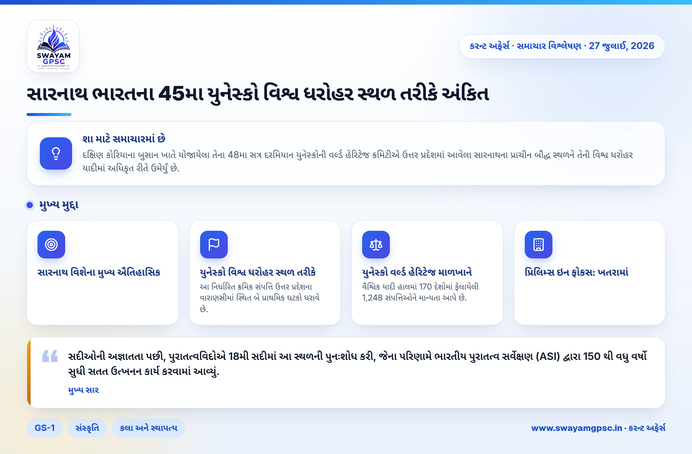 સારનાથ ભારતના 45મા યુનેસ્કો વિશ્વ ધરોહર સ્થળ તરીકે અંકિત