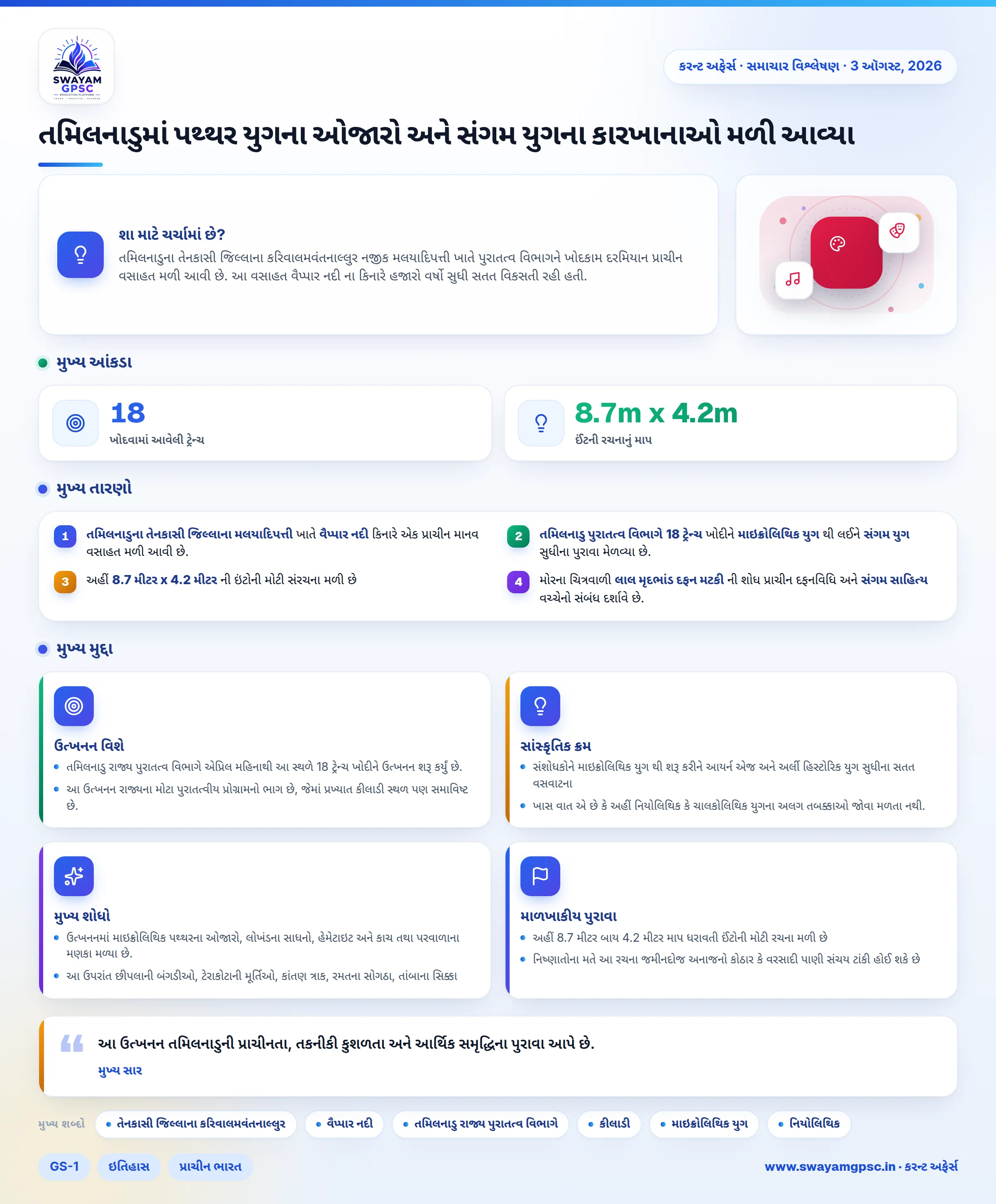 તમિલનાડુમાં પથ્થર યુગના ઓજારો અને સંગમ યુગના કારખાનાઓ મળી આવ્યા
