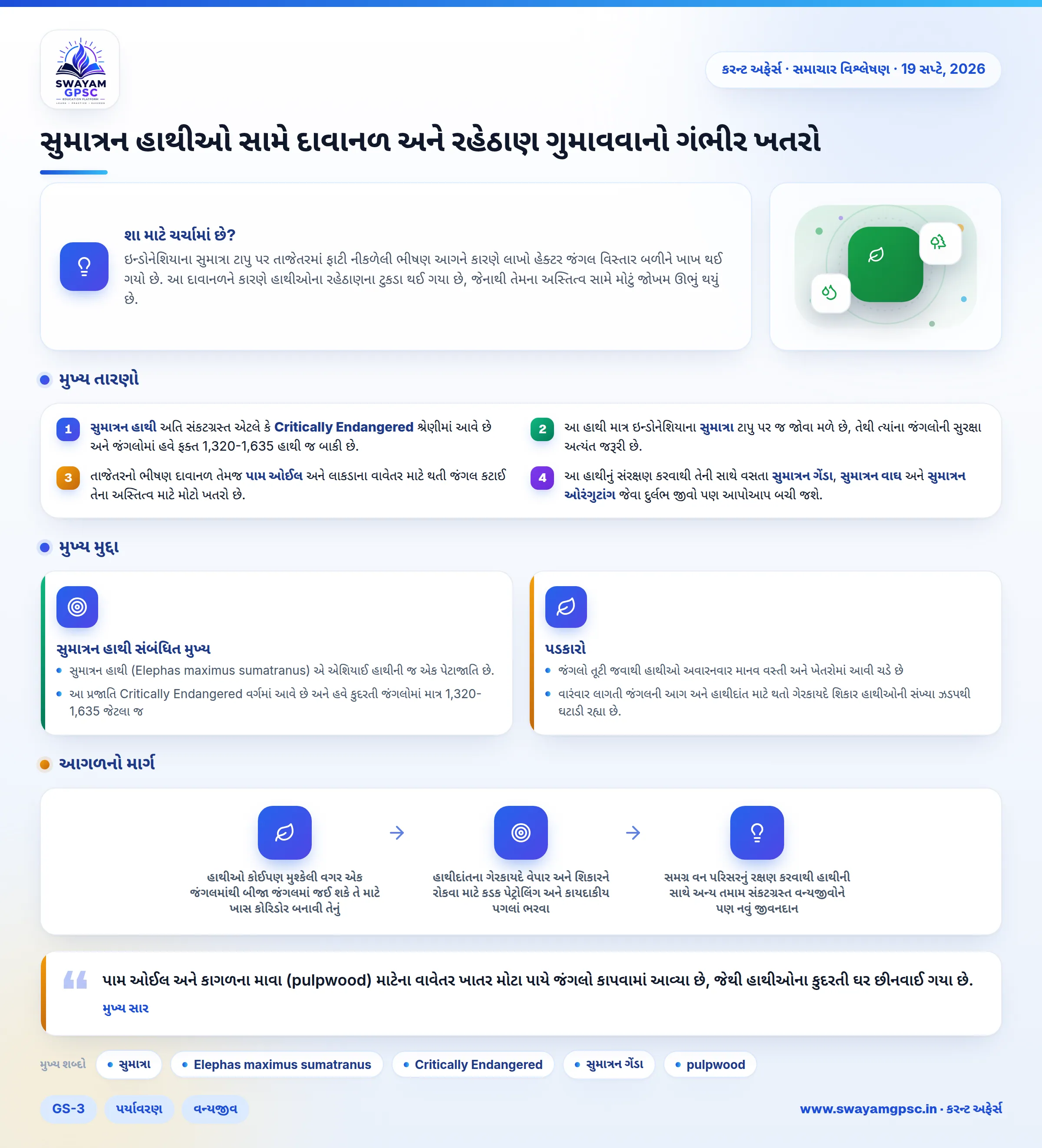 સુમાત્રન હાથીઓ સામે દાવાનળ અને રહેઠાણ ગુમાવવાનો ગંભીર ખતરો