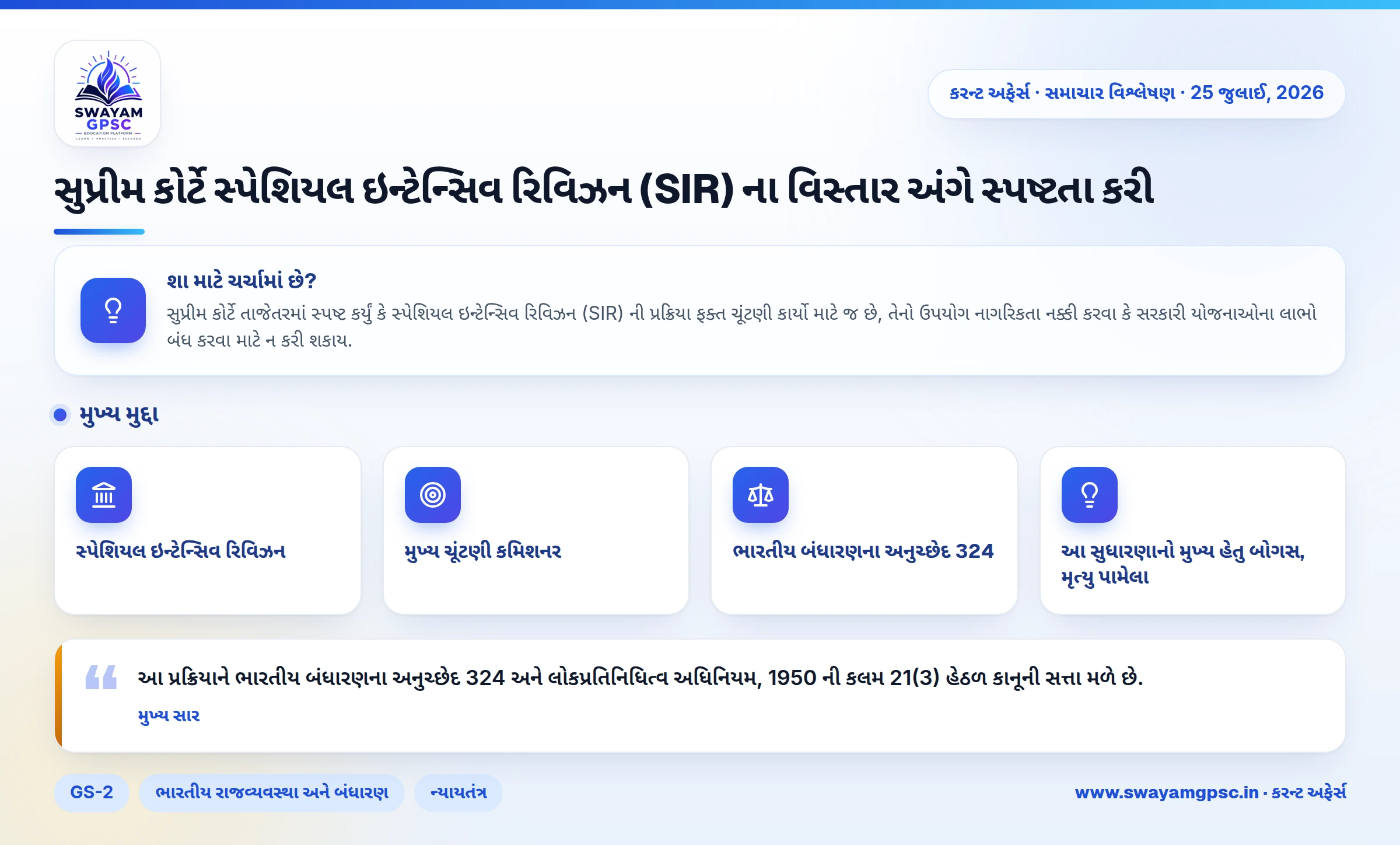 સુપ્રીમ કોર્ટે સ્પેશિયલ ઇન્ટેન્સિવ રિવિઝન (SIR) ના વિસ્તાર અંગે સ્પષ્ટતા કરી