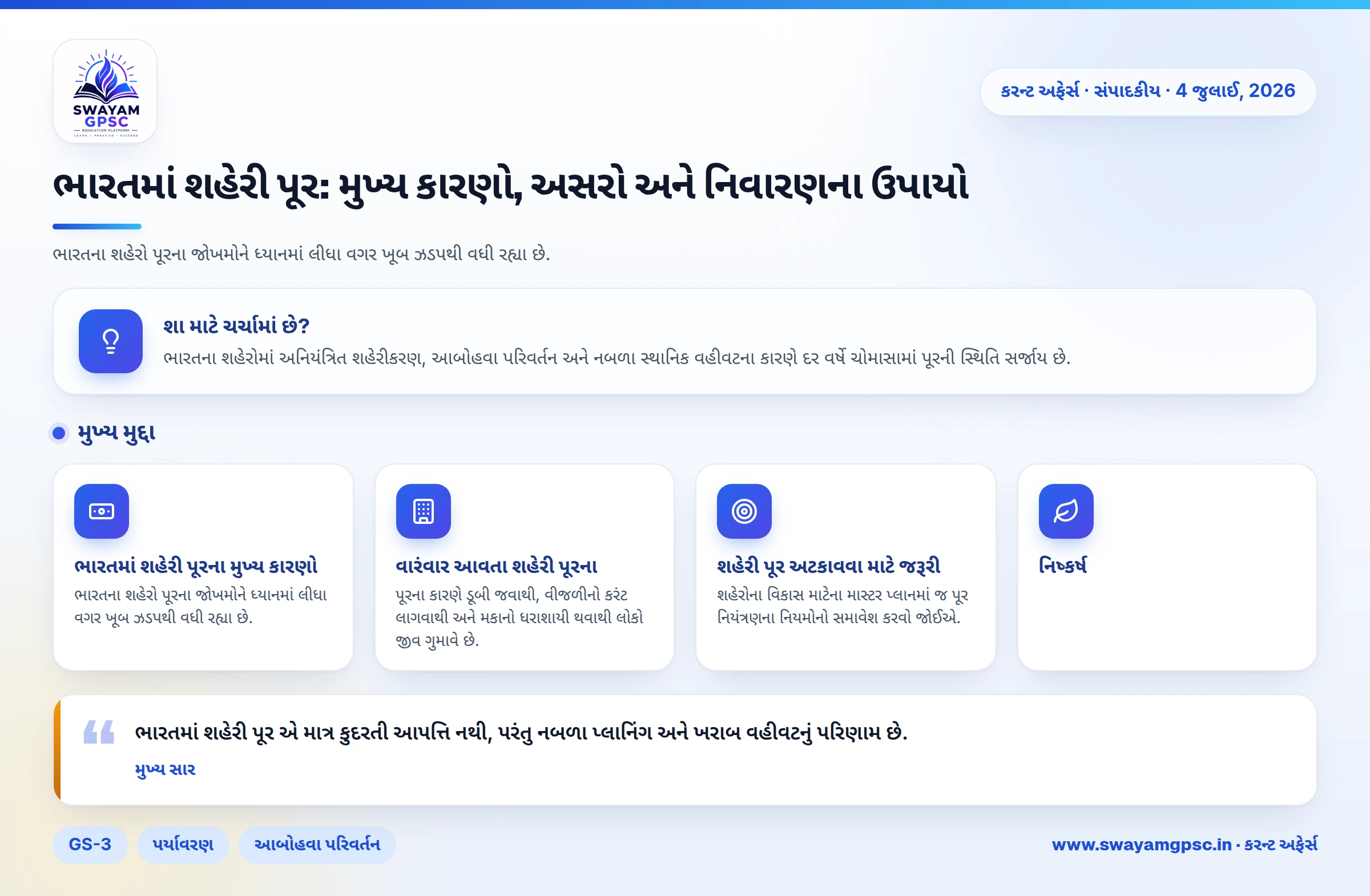 ભારતમાં શહેરી પૂર: મુખ્ય કારણો, અસરો અને નિવારણના ઉપાયો